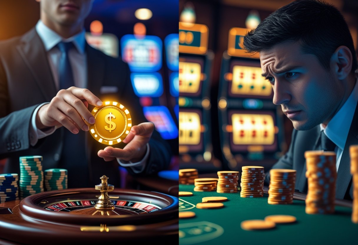 A split image showing a confident person with a glowing golden chip on one side and a worried person in a dim casino setting on the other, representing safe and unsafe casino bonuses.