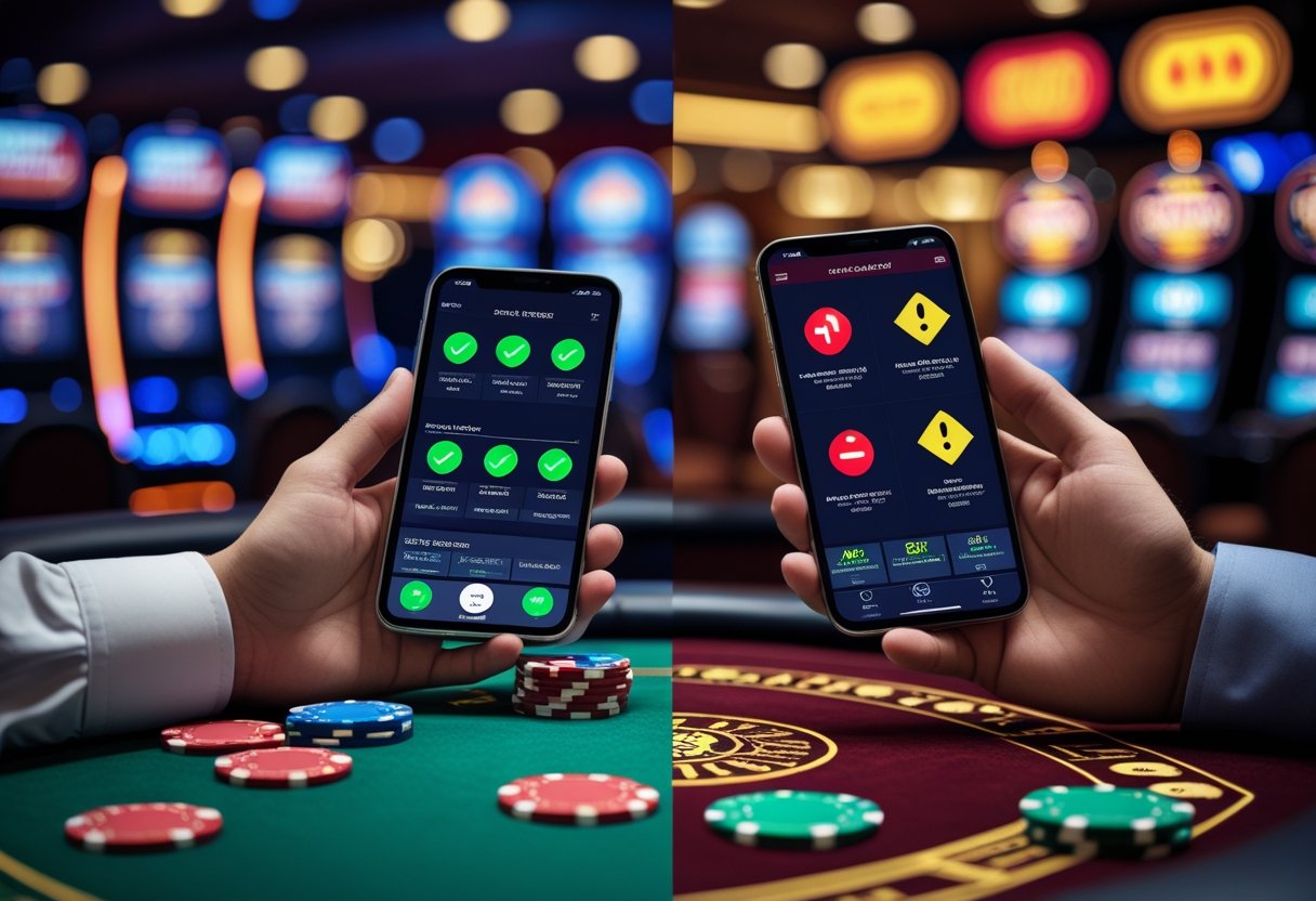 A casino table with poker chips, playing cards, and a smartphone showing safe and unsafe casino bonus symbols, illustrating trustworthy and risky offers.