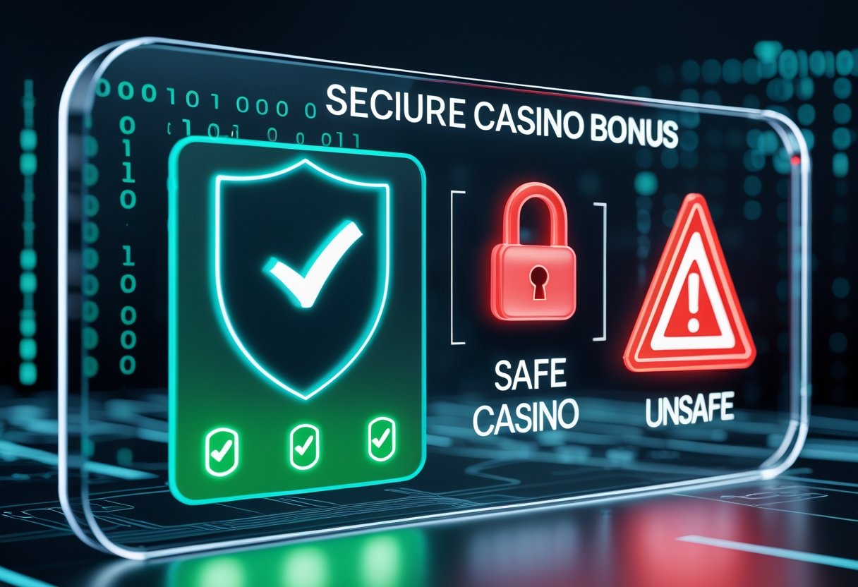 A digital interface showing security icons and symbols representing safe and unsafe casino bonuses with green checkmarks and red warning signs.