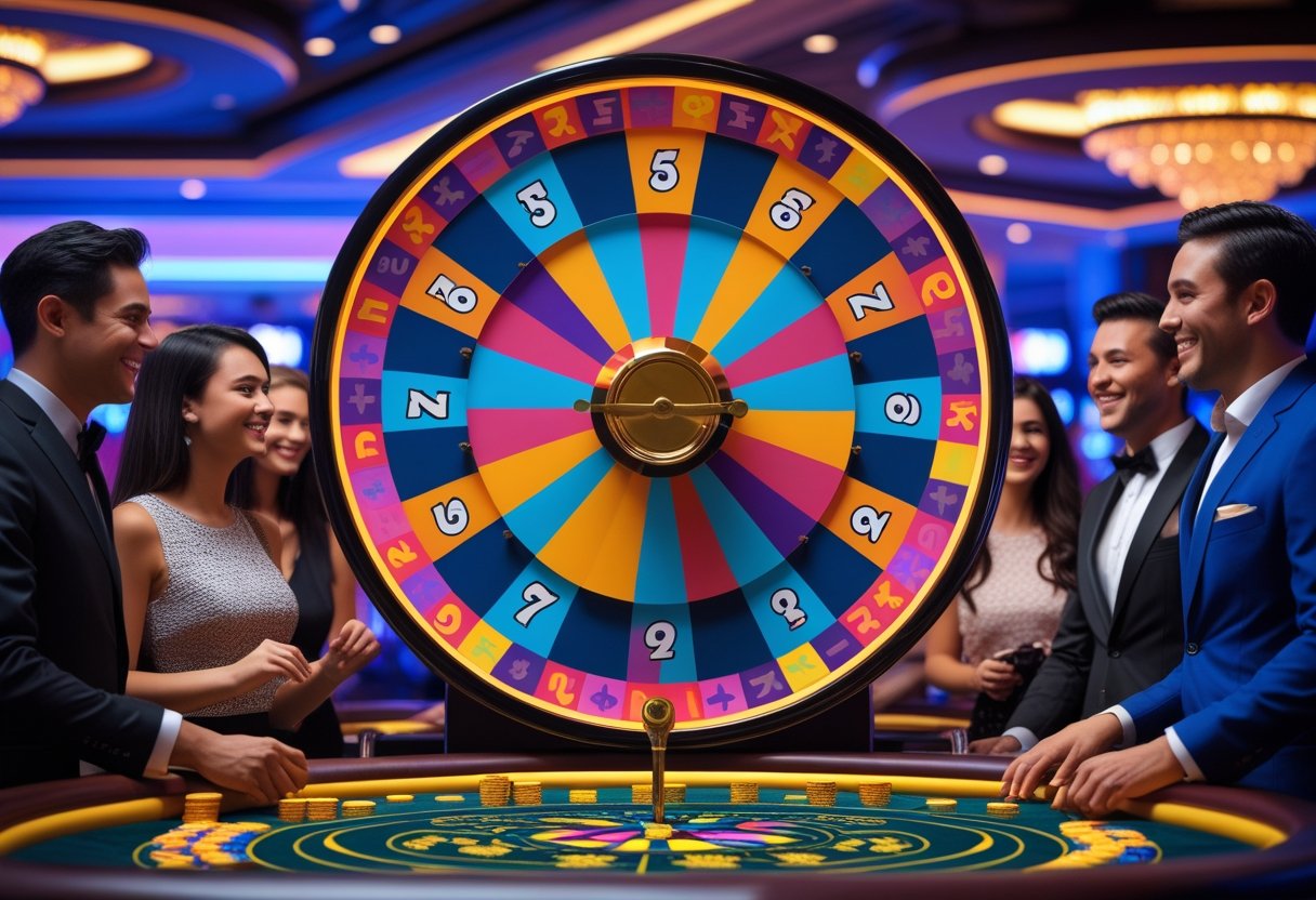 A group of people gathered around a colorful spinning money wheel in a casino, watching as the dealer spins the wheel.
