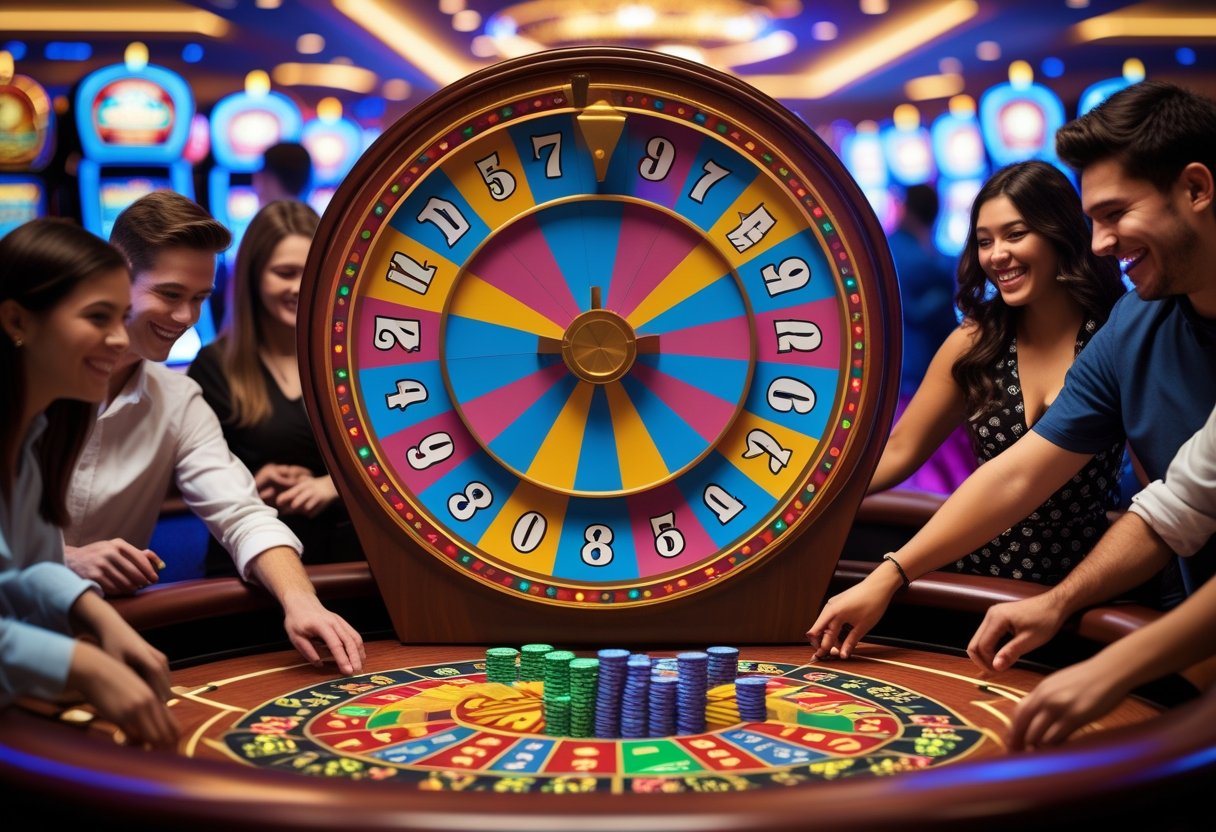 A group of people playing a colorful Money Wheel casino game with chips on the table and the wheel spinning in a lively casino environment.