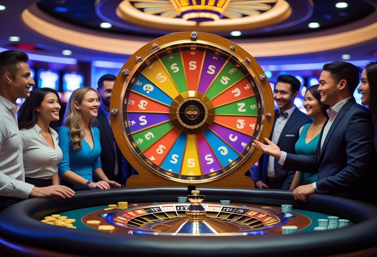 A group of people playing the Money Wheel casino game with a dealer spinning the colorful wheel at a casino table.