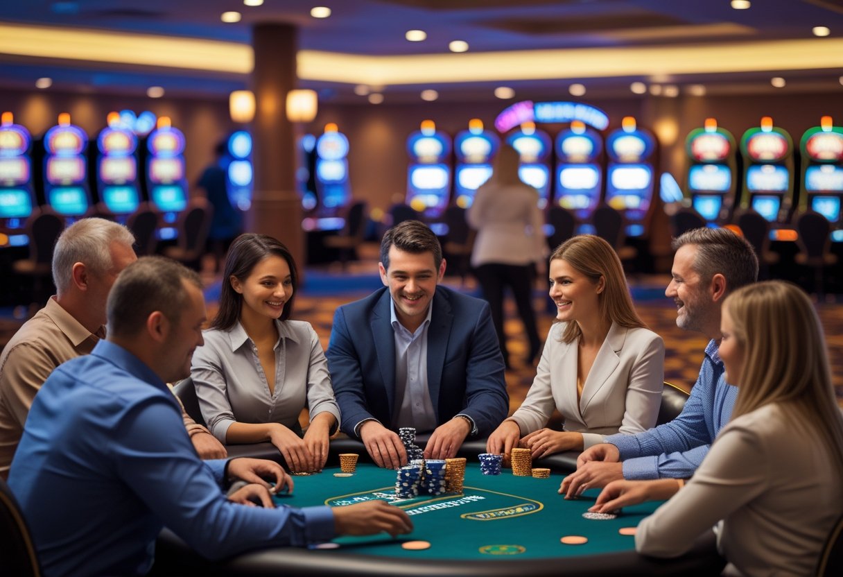 Adults playing poker at a casino table with chips and cards in a well-lit casino setting.