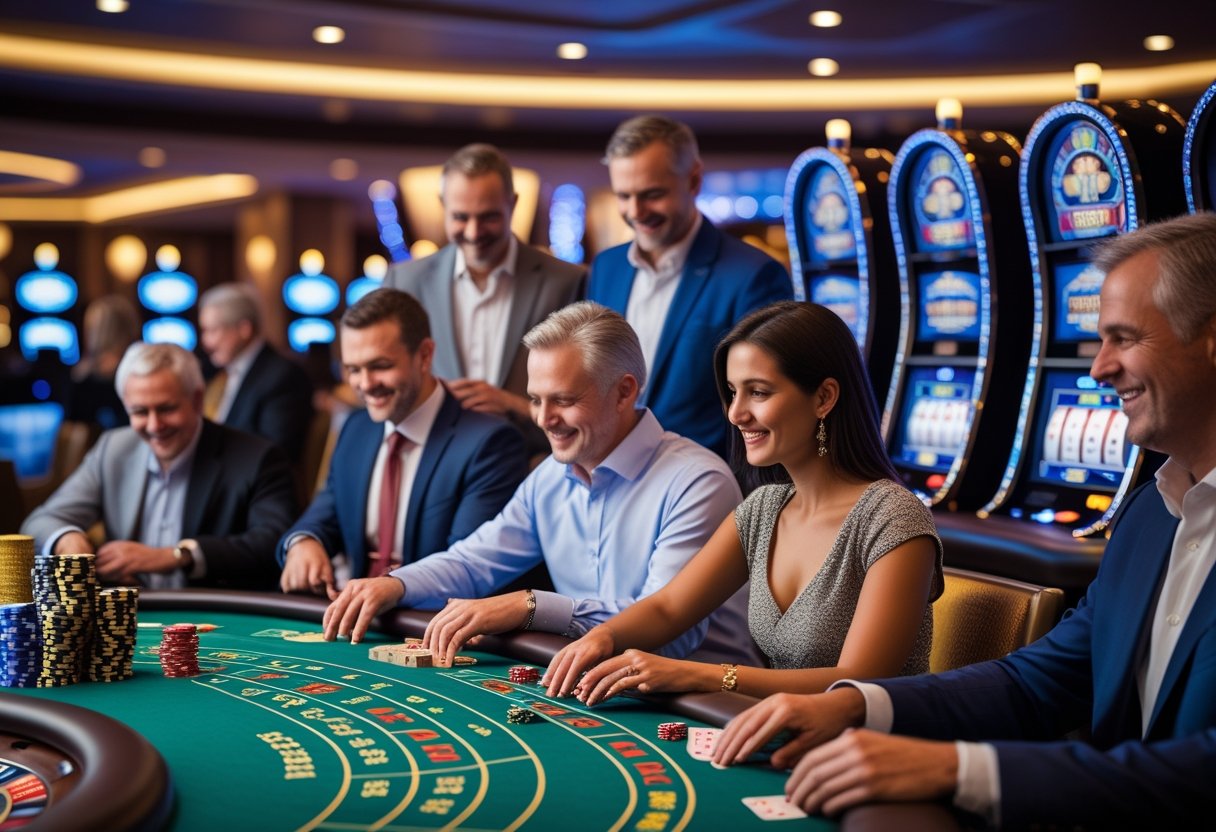 A group of adults playing poker and placing bets in a modern casino environment.