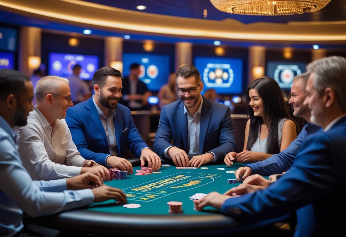 Adults playing poker and placing bets at a casino table with state-themed decorations in the background.