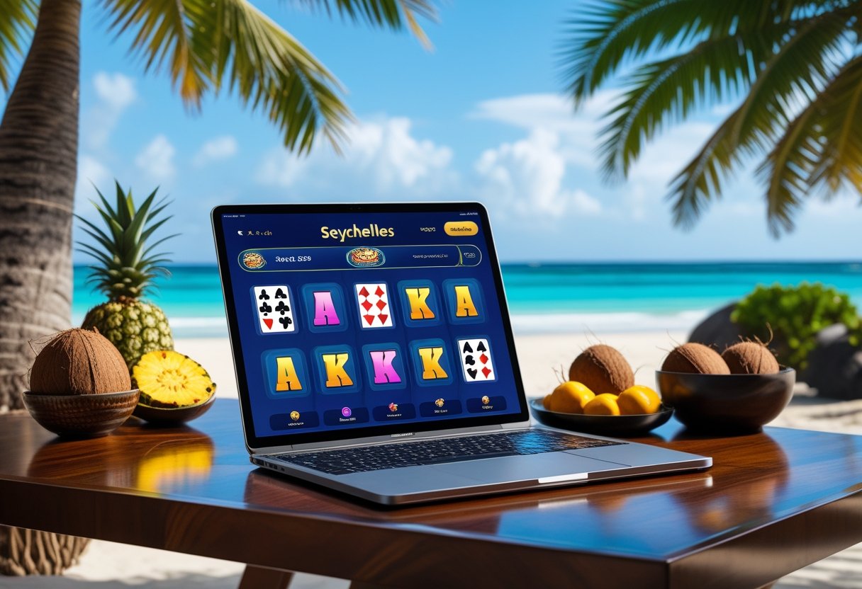 A laptop on a wooden table showing an online casino game surrounded by tropical leaves and fruits with a beach scene in the background.