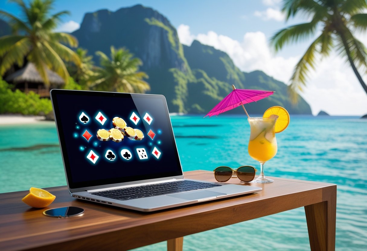 A laptop on a desk near a tropical beach with palm trees and clear water, showing casino game icons on the screen, with a tropical drink and sunglasses nearby.