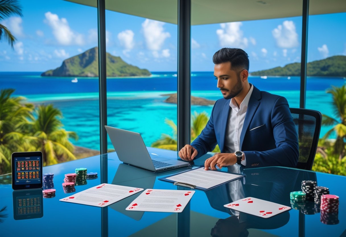 A business professional reviewing documents at a desk with a laptop showing a map of Seychelles, surrounded by casino-related items, in an office overlooking a tropical island coastline.