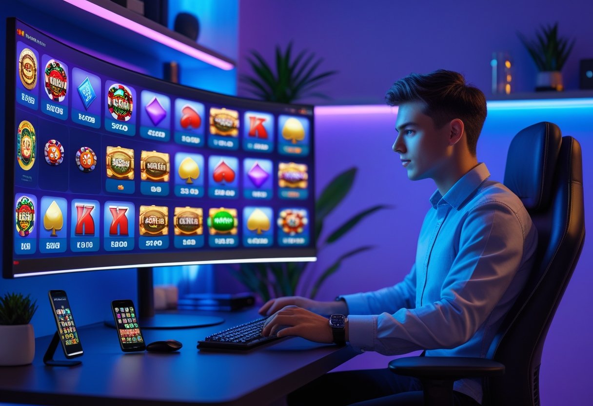 A person sitting at a desk using a computer displaying colorful online casino games with a smartphone and coffee cup nearby.