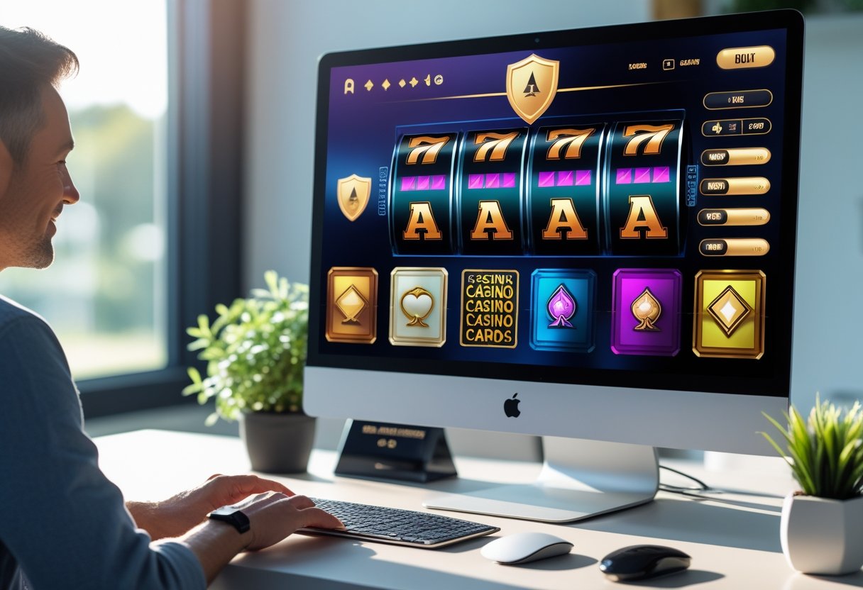 A person using a computer with an online casino interface displayed on the screen in a bright home office.