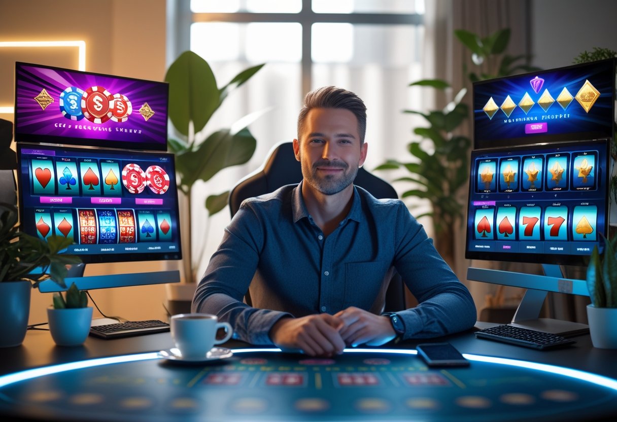 A person playing online casino games on multiple computer screens in a bright, modern room.