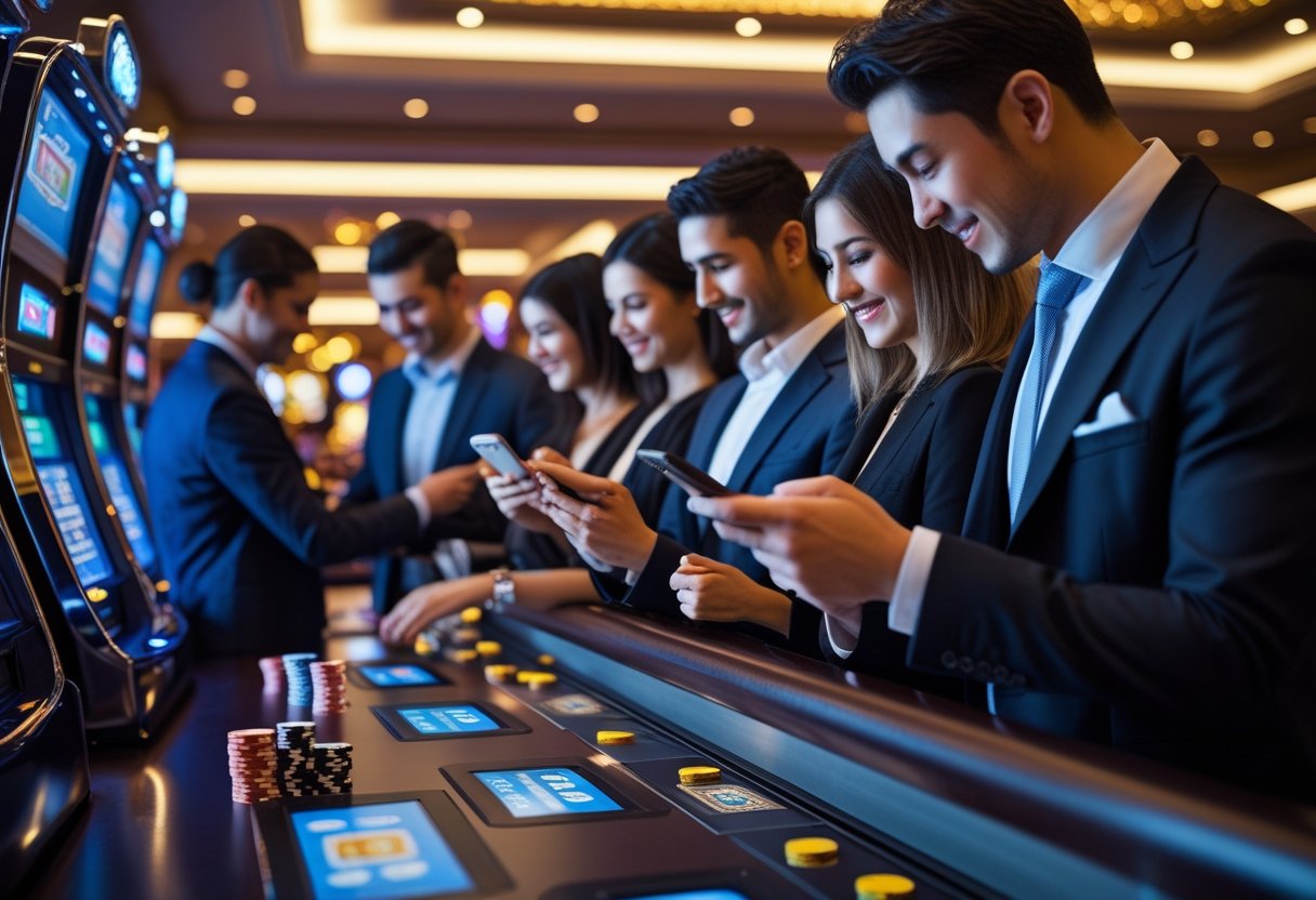 People using smartphones to make payments in a modern casino setting with slot machines and casino chips around.