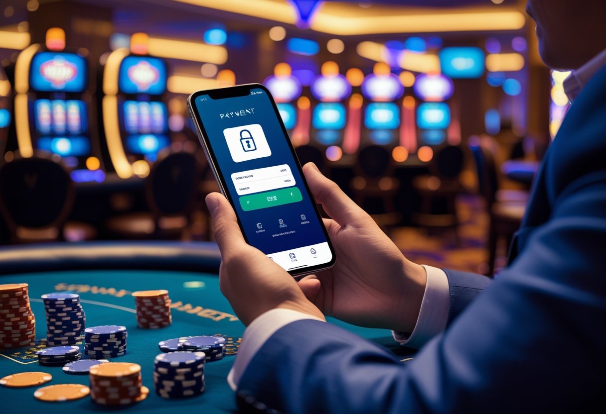 A person using a smartphone to make a payment at a casino table with slot machines and poker chips in the background.