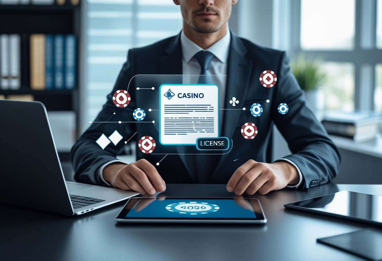 A business professional working at a desk with a laptop and tablet showing casino-related graphics in a modern office.