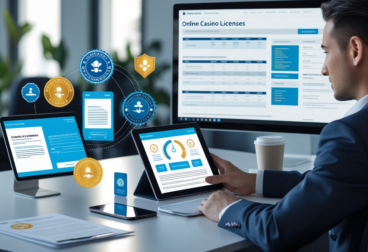 A businessperson reviewing documents and digital tablets about online casino licenses in a modern office with a computer screen showing gaming license application details.