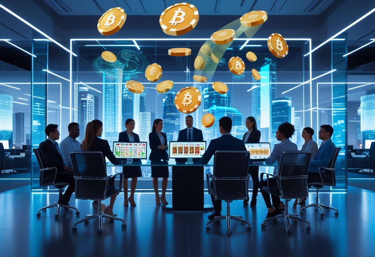 A group of professionals working together in a high-tech office with digital displays showing cryptocurrency and casino game visuals.