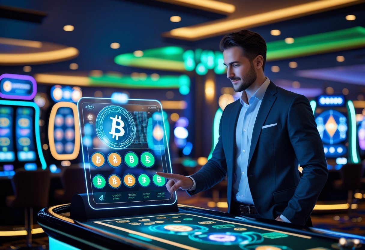 A business professional using a transparent touchscreen with cryptocurrency symbols in a modern casino with digital slot machines and neon lighting.