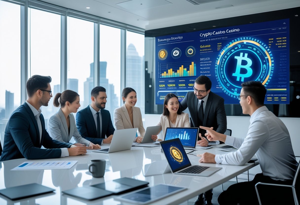 A group of business professionals discussing market data and planning in a modern office with laptops and digital charts.