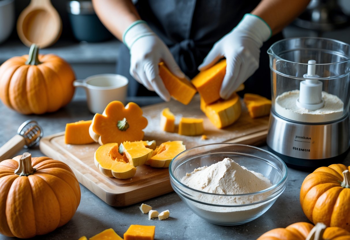 Hands preparing fresh pumpkins and kitchen equipment on a countertop for making pumpkin flour.