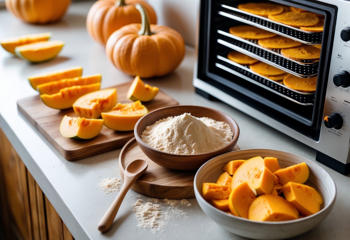 A kitchen countertop with fresh pumpkins, sliced pumpkin pieces, trays drying pumpkin slices, and a bowl of pumpkin flour with a wooden spoon.