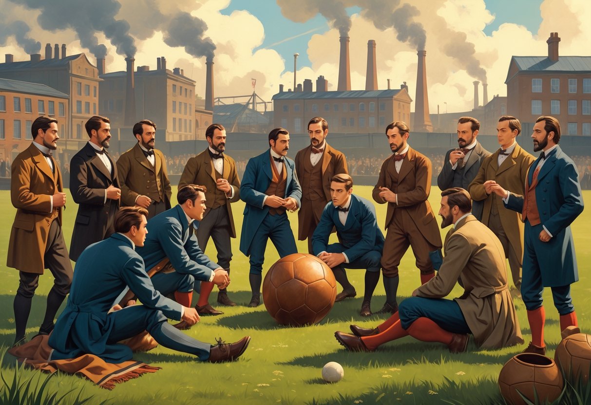 Sekelompok pria berkumpul di lapangan rumput dengan bola sepakbola tua, merencanakan pendirian klub sepakbola di latar belakang gedung industri lama.