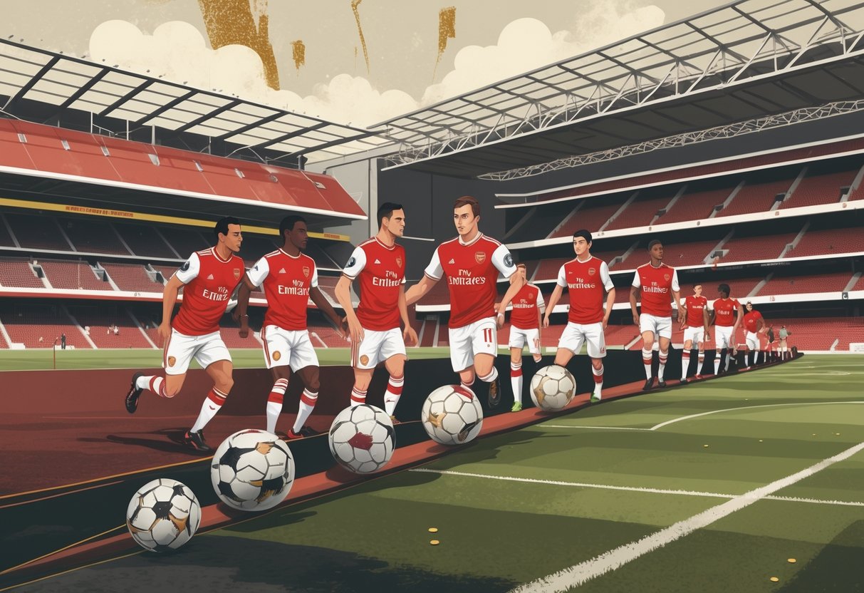 Ilustrasi yang menunjukkan perkembangan dan transformasi klub sepakbola Arsenal melalui berbagai era bersejarah dengan gambar pemain, stadion, dan atribut sepakbola yang berbeda dari masa ke masa.
