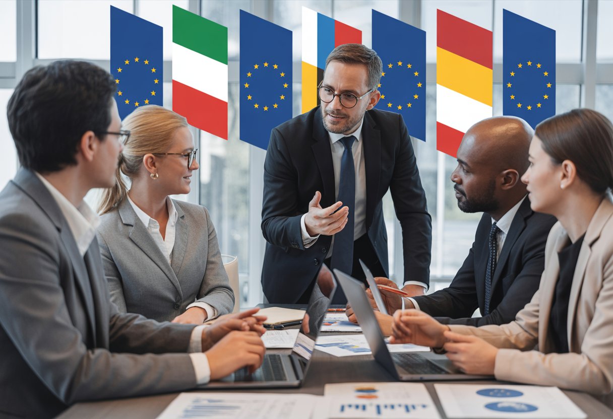 Een groep zakelijke professionals bespreekt arbeidsvoorwaarden in een vergaderruimte met Europese vlaggen op de achtergrond.