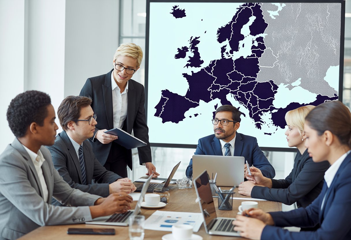 Een diverse groep zakelijke professionals in een moderne kantoorruimte, in gesprek rond een tafel met laptops en documenten, met op de achtergrond een kaart van Europa die meerdere EU-landen toont.