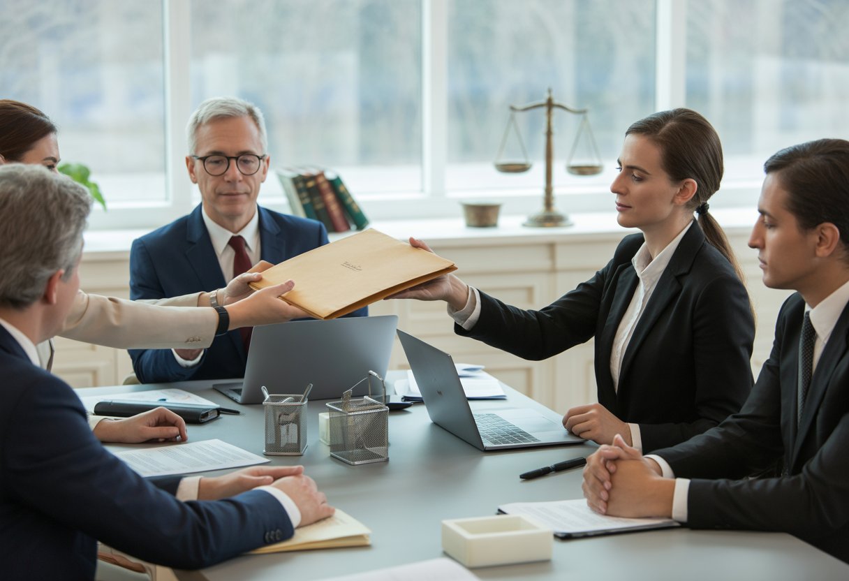 Een zakelijke vergadering waarbij professionals documenten uitwisselen over aandelenoverdracht binnen een familiebedrijf in een moderne kantooromgeving.
