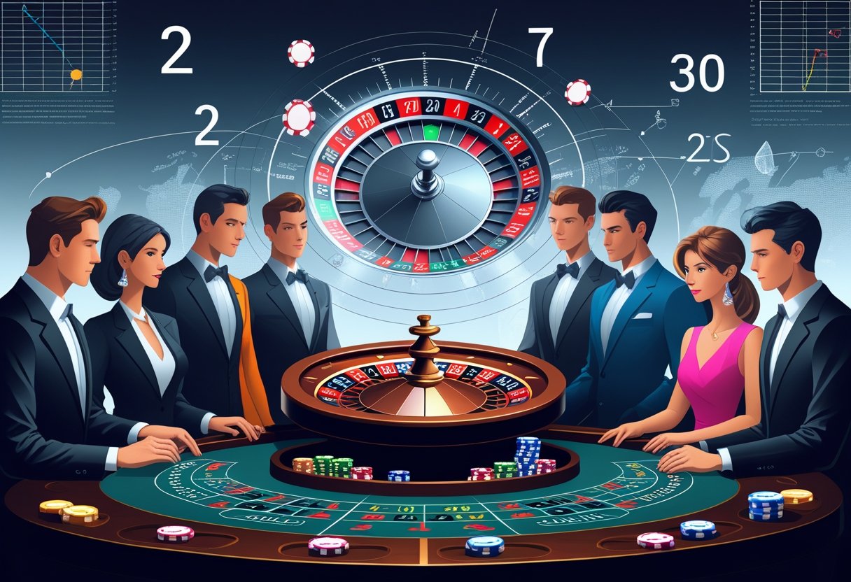 A casino table with a spinning roulette wheel, players placing bets, and floating mathematical symbols representing probability around them.
