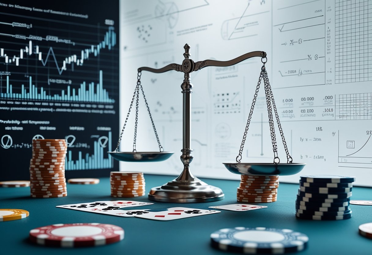 A casino table with chips, cards, and dice alongside floating mathematical formulas and graphs, illustrating the relationship between chance and probability.