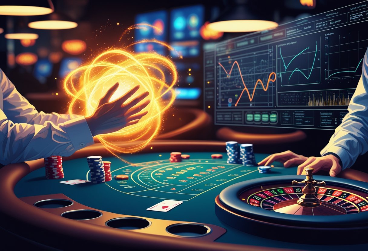 A casino table with poker chips, cards, and a roulette wheel, showing glowing energy around one hand representing luck, and floating mathematical symbols representing probability nearby.