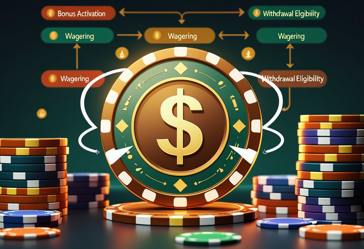 A casino chip surrounded by stacks of chips and playing cards with circular arrows around it, illustrating the process of casino bonuses and wagering requirements.