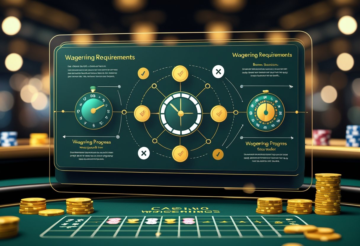 A casino table with chips, cards, and a roulette wheel, overlaid by a flowchart showing the steps of wagering requirements using icons like coins, clocks, and checkmarks.