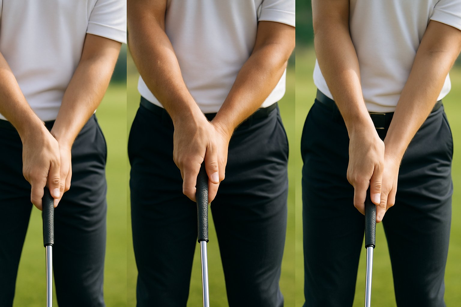 Close-up of three different golf grips on a golf club held by a golfer's hands against a green golf course background.