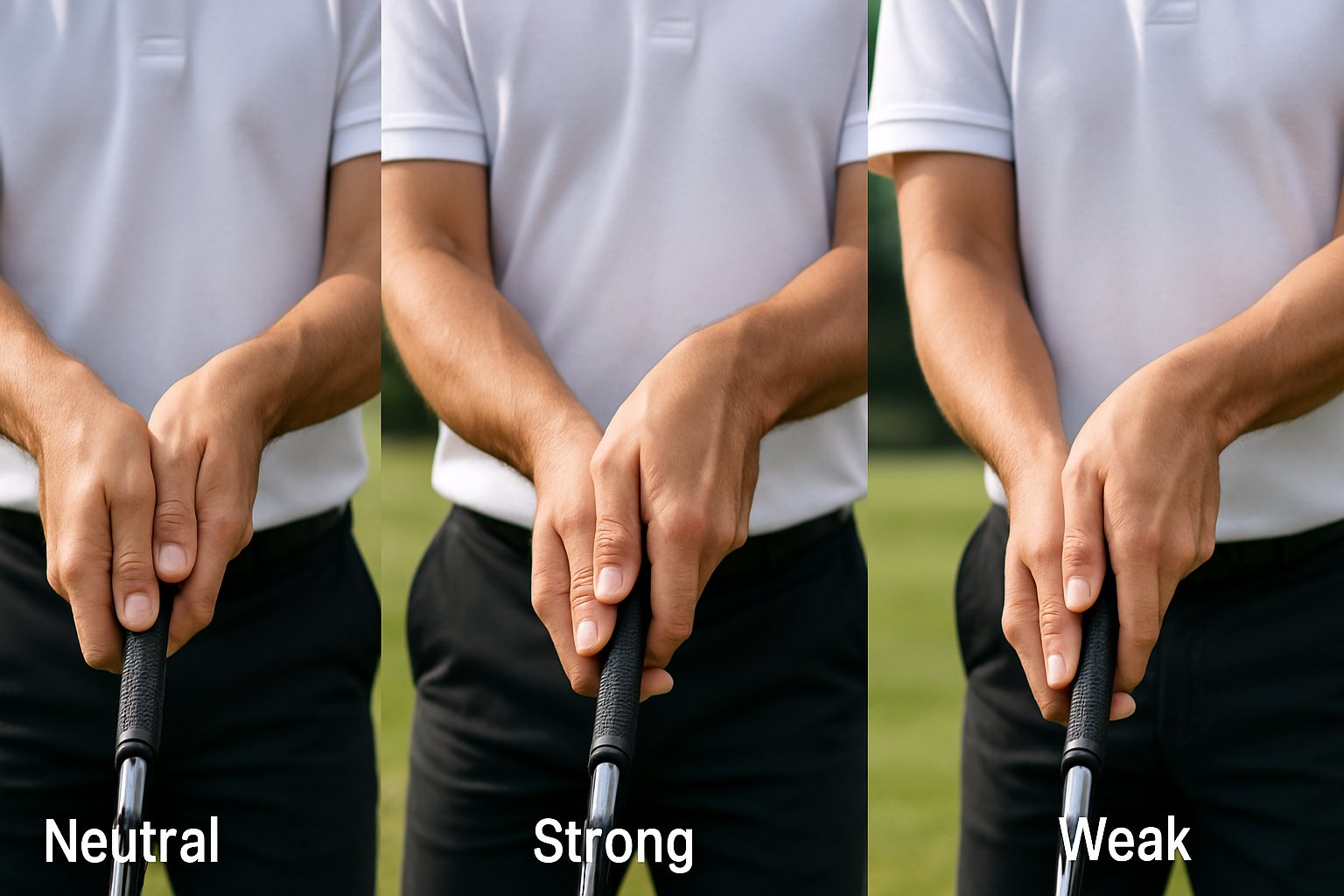 Close-up of hands holding a golf club showing three different grip styles on a golf course.