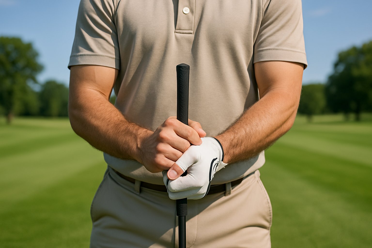 Close-up of a golfer's hands holding a golf club with a neutral grip on a sunny golf course.