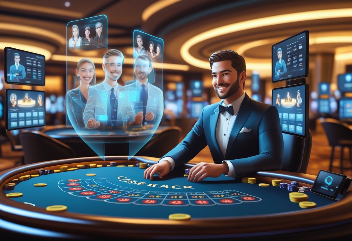 A casino dealer at a blackjack table interacts with multiple players shown on screens, blending a real casino environment with digital gaming elements.