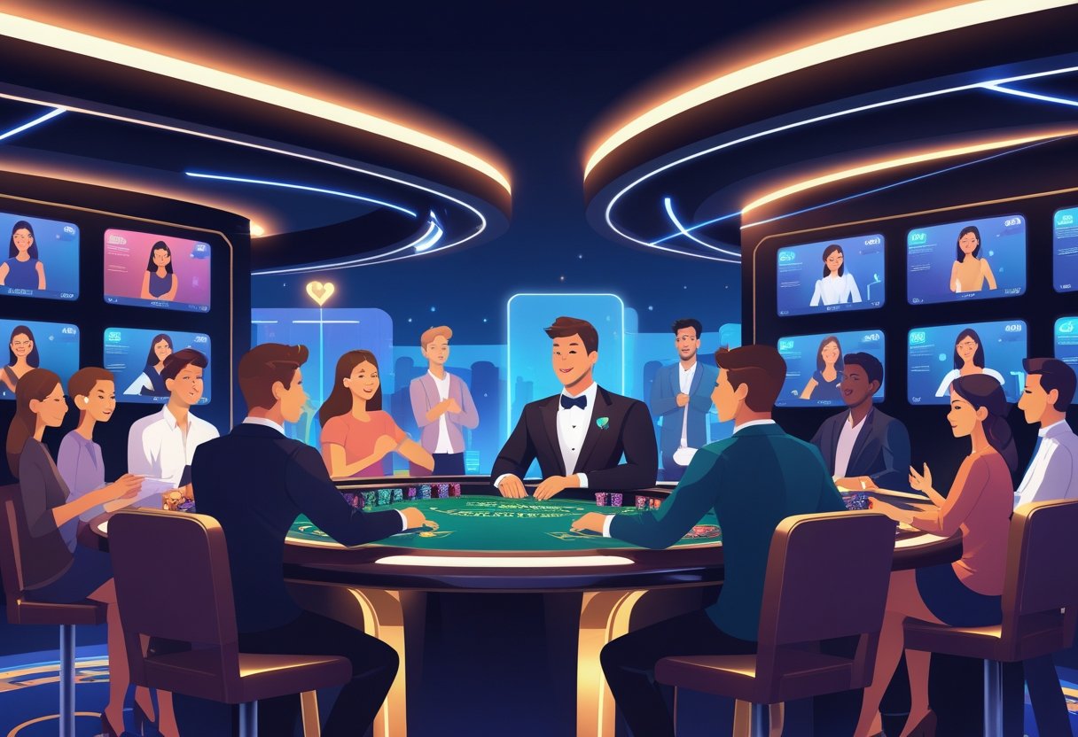 A live dealer at a blackjack table interacts with both in-person players and remote players shown on digital screens in a modern casino setting.