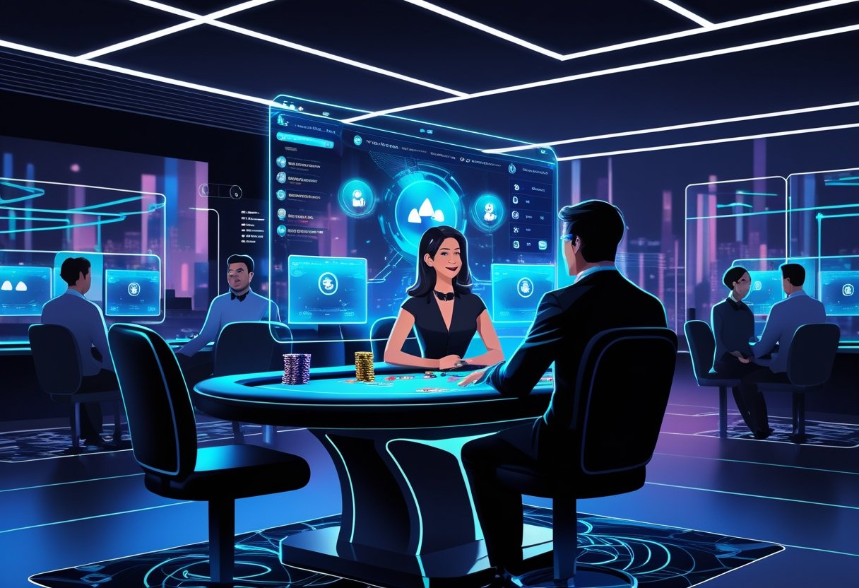 A live dealer at a casino table interacting with remote players shown on digital screens, with technology elements like cameras and data streams visible.