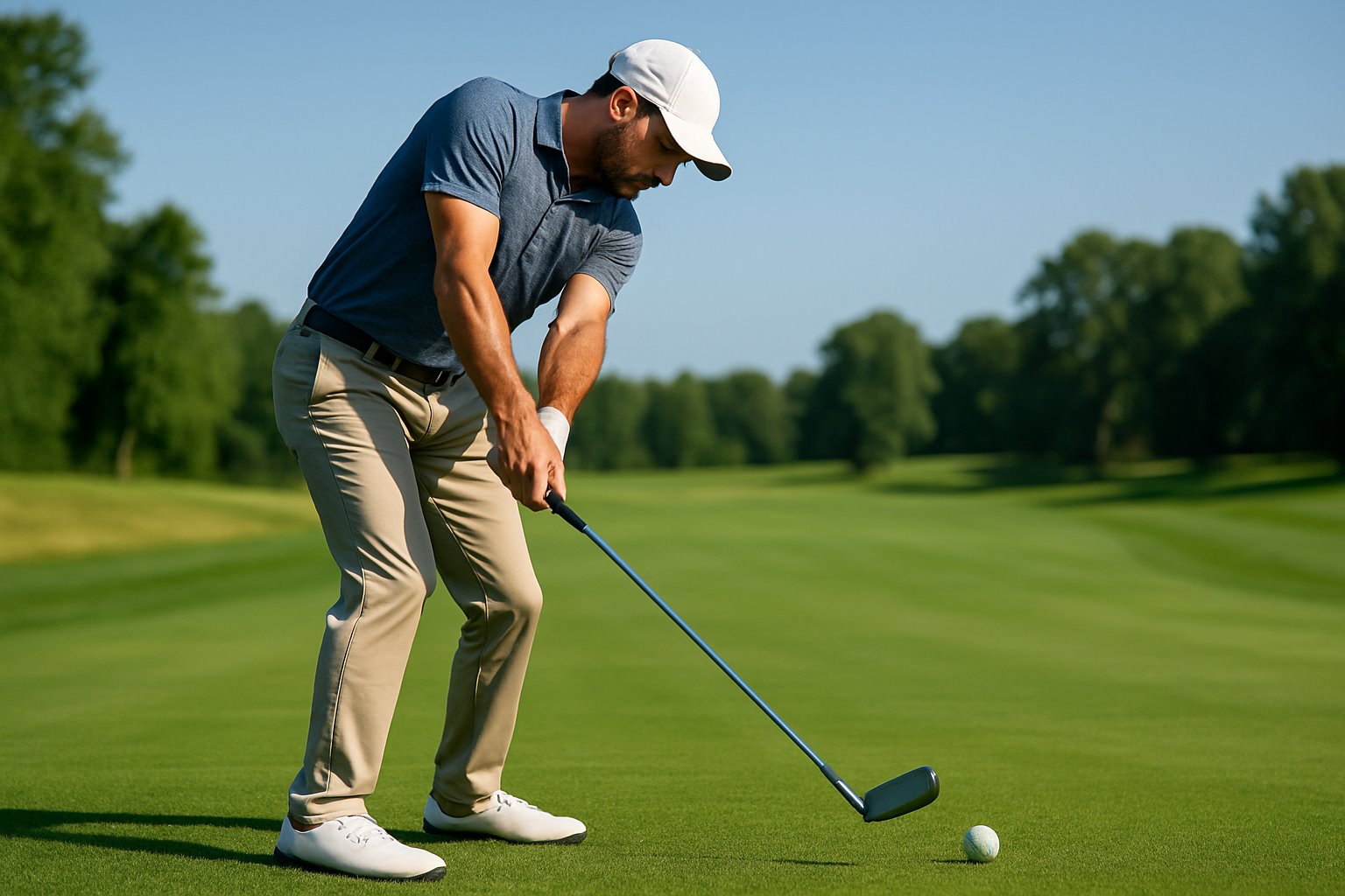 A golfer striking a golf ball on a green course, showing proper swing posture with weight shifted forward and club angled toward the ball.
