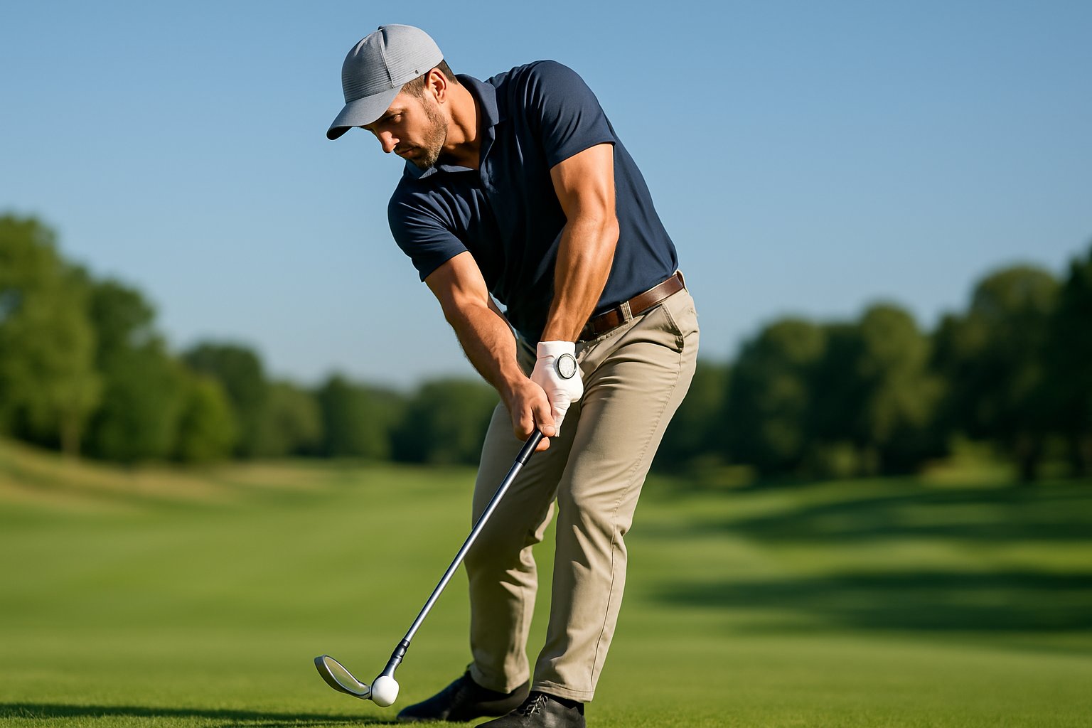 A male golfer hitting a golf ball on a green course, showing proper club angle and weight shift during impact.