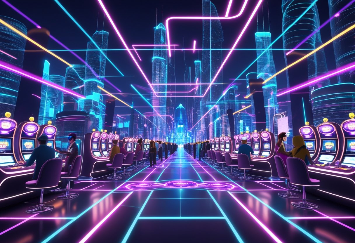 A virtual reality casino in a digital city with avatars playing games using holographic cards and chips.