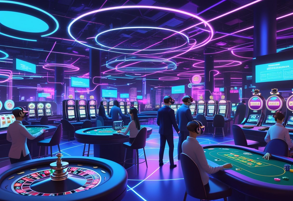 A virtual reality casino scene with avatars wearing VR headsets playing holographic casino games in a glowing digital city environment.