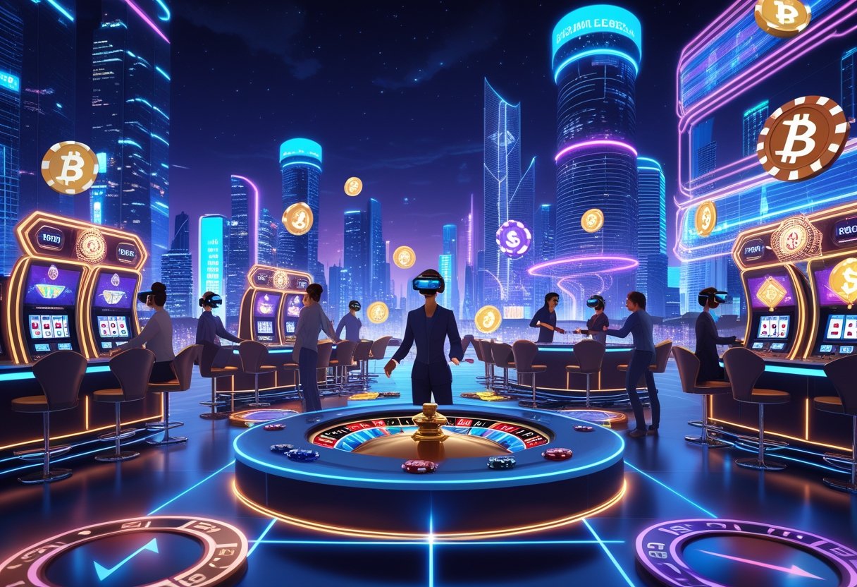 People wearing VR headsets playing virtual casino games with floating holographic chips and cards in a futuristic city.