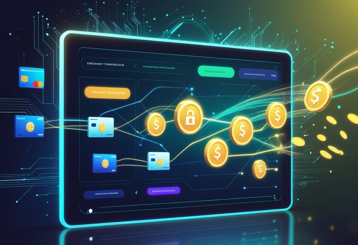 A digital casino interface showing icons of credit cards, e-wallets, and fast-moving digital coins representing different payment methods and instant withdrawals.