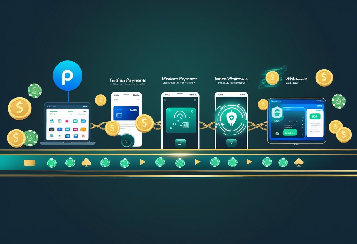 A timeline illustration showing the progression of online casino payment methods from e-wallets and credit cards to mobile payments and instant withdrawals, with casino elements like poker chips and cards in the background.