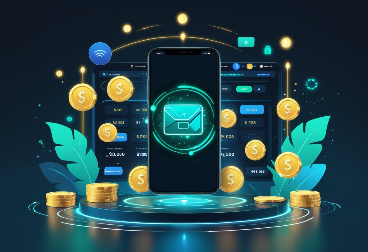 A smartphone with a digital wallet icon surrounded by payment symbols and online casino elements like poker chips and playing cards, illustrating fast and secure transactions.