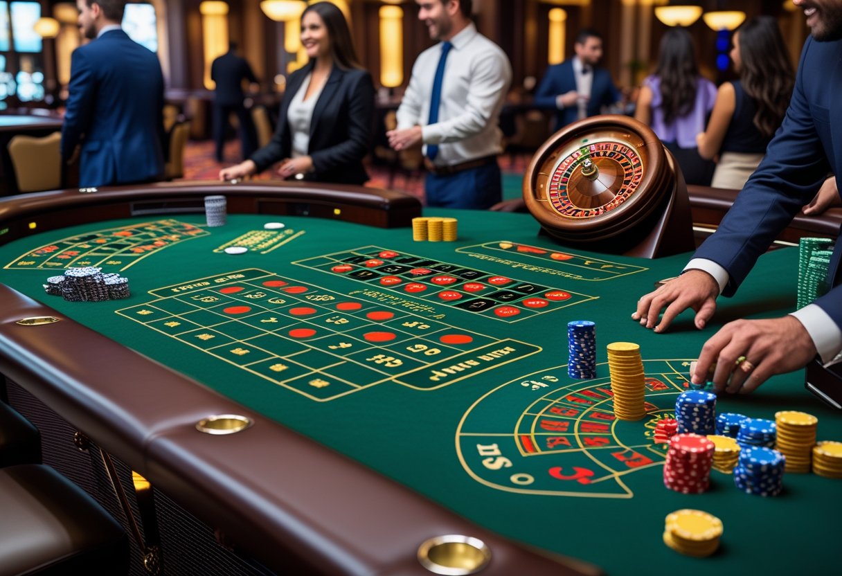 A casino scene showing blackjack, roulette, and craps tables with players and gaming equipment.