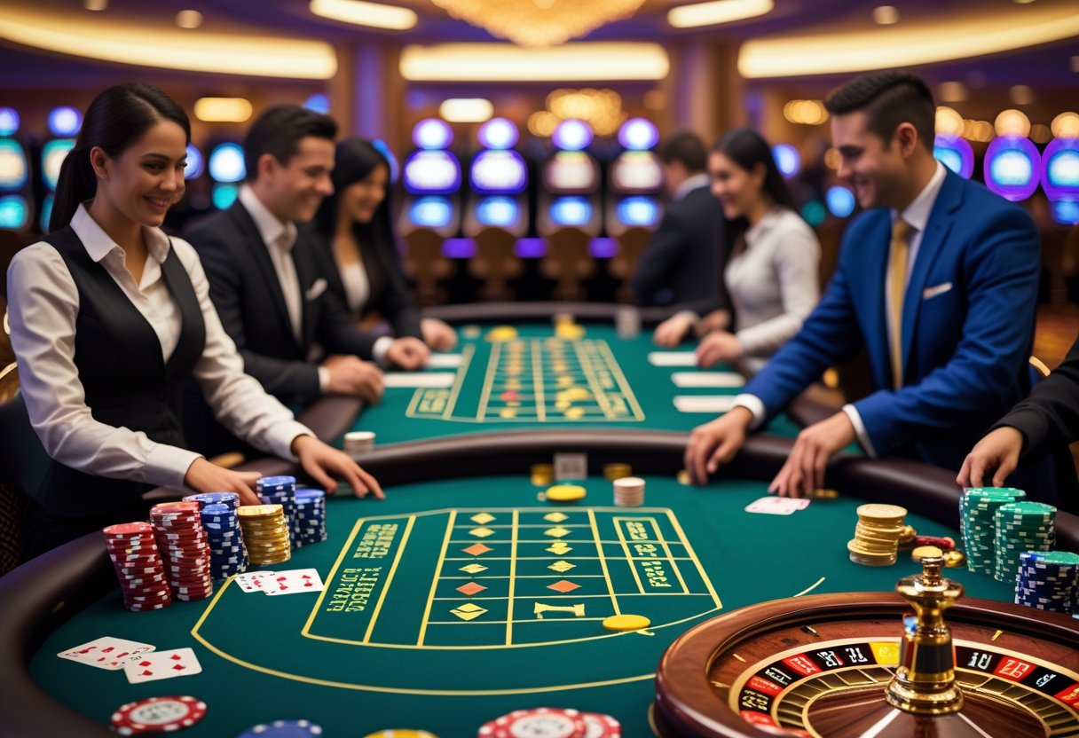 A casino floor with dealers and players gathered around tables playing blackjack, roulette, and poker, with chips and cards visible.